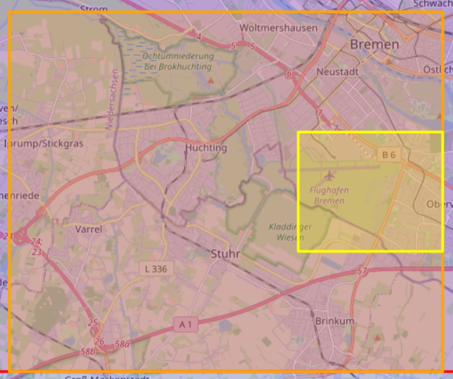 Visualisierung des Planquadrats für den Flughafen Bremen dem nach dem Jägermeldenetz.