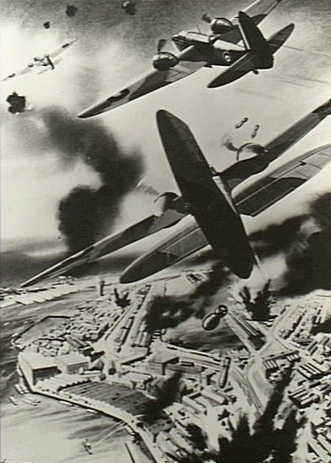 Zeitgenössische Darstellung als Zeichnung des Angriffs. Flugzeuge bombardieren den Hafen von Bremen.